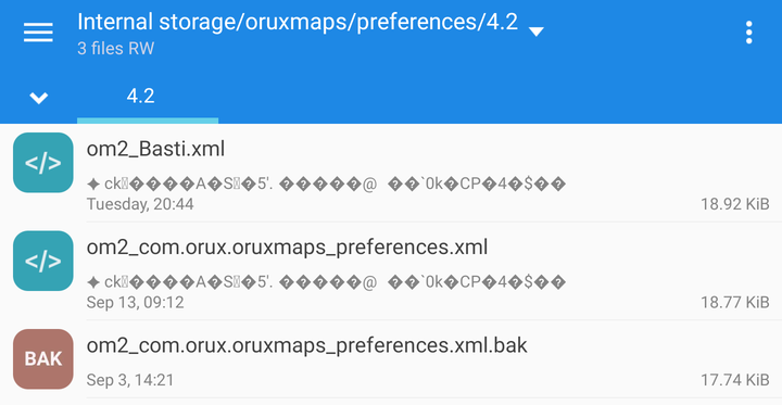 Listing of the OruxMaps preferences directory