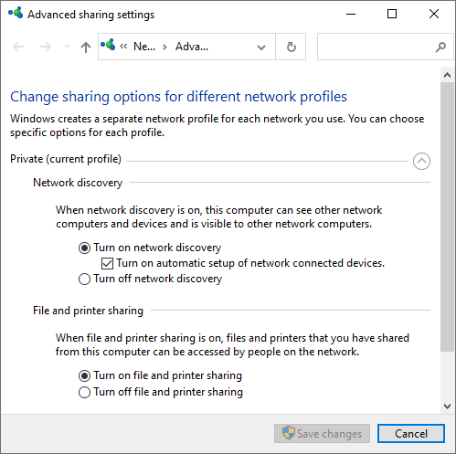Screenshot of the Windows 'Manage advanced sharing settings' panel showing 'network discovery' and 'file and printer sharing' turned on