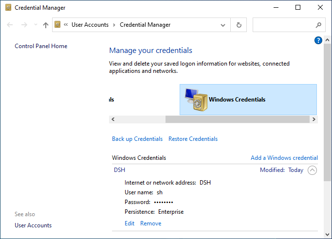 Screenshot of the Windows 'Credential Manager' panel showing all saved network login credentials