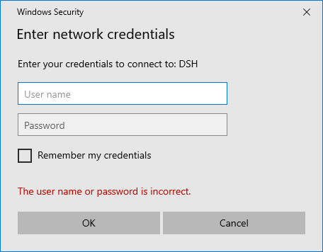 Windows authentication popup windows showing the error message 'The user name or password is incorrect.'