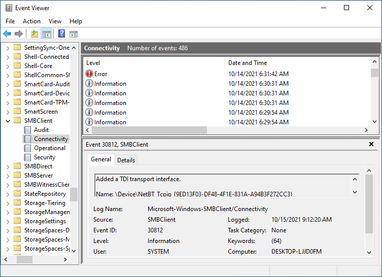 Screenshot of the Windows Event Viewer 'Applications and Service Logs > Microsoft > Windows > SMBClient' showing informational and warning messages of the SMBClient